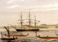 Watercolour of three-masted ship with Māori waka in the foreground.