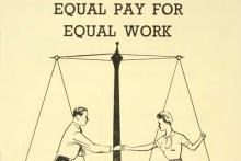 Man and women on scales under heading 'Equal Pay for Equal Work'