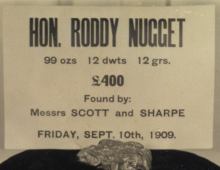 Sign over nugget declares Hon Roddy Nugget 99ozs, 12 dwts, 12 grs. Worth 400 pounds
