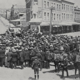 Strikers at the Grey statue on Queen Street