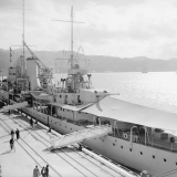 HMS <em>Achilles</em> at Aotea Quay, Wellington, late 1930s