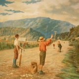 Boys playing cricket, about 1896
