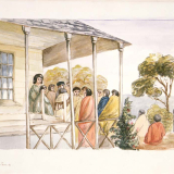 Maori meeting at European house, 1840s