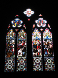 Stained glass window in silhouette.