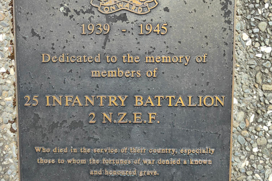 Commemorative plaque with New Zealand Army Onward badge attached to wall