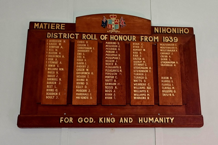 List of names in gold on large wooden board