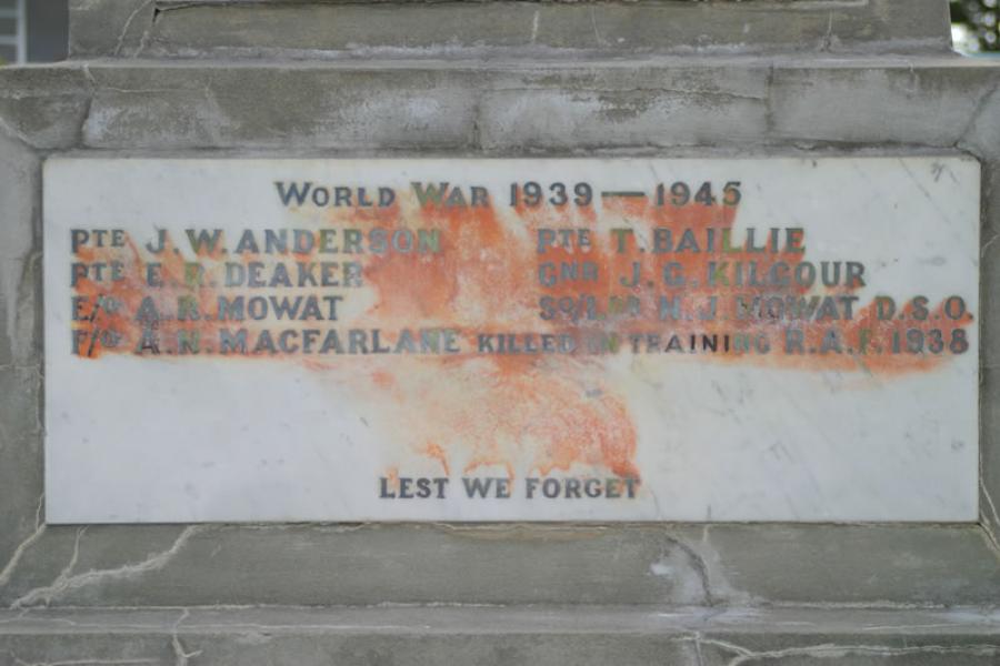 Names on the Clydevale war memorial of those who died in the Second World War