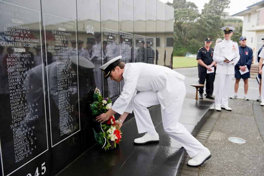 Wreath laying at the Royal New Zealand Navy memorial at Devonport