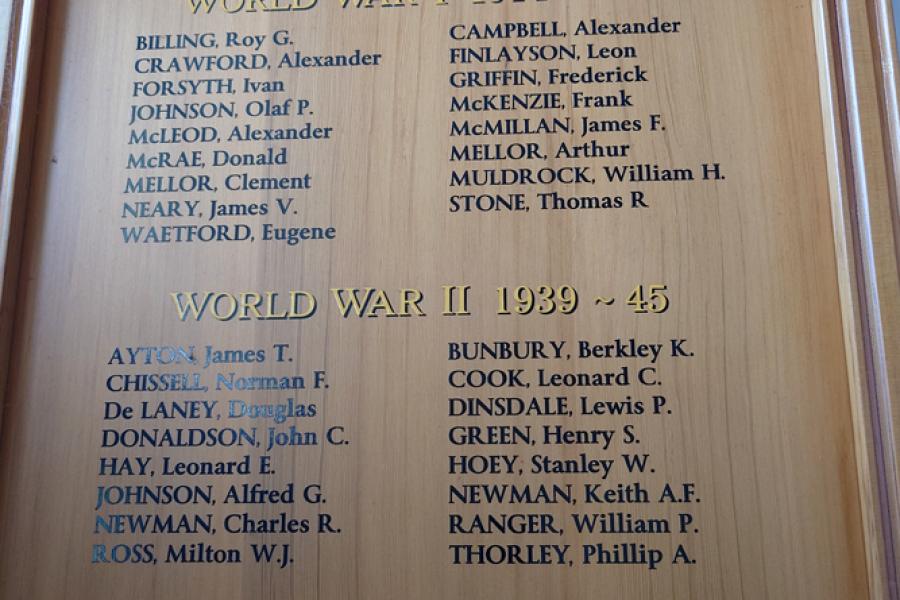 Wooden board on wall with list of names in gold and black