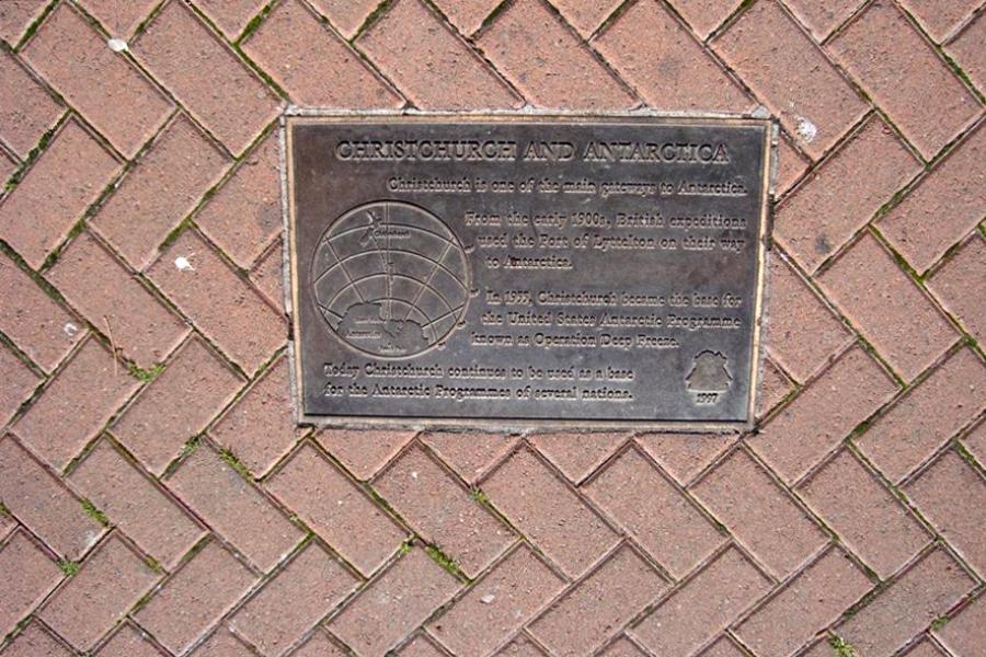 Plaque at the foot of the Robert Scott memorial that details the connection between the city of Christchurch and Antarctica.
