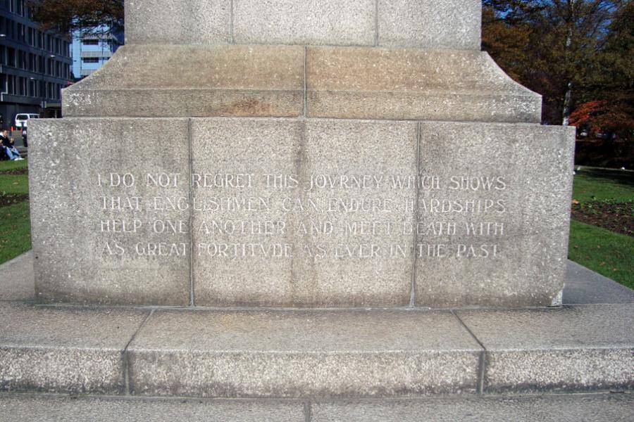 Detailed view of the original inscription on the plinth which is from one of Robert Scott's last diary entries. The words read: I do not regret this journey, which shows that Englishmen can endure hardships, help one another, and meet death with as great fortitude as ever in the past.