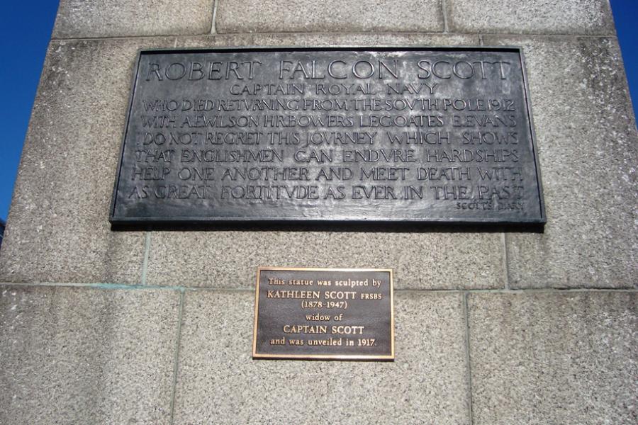 Detailed view of one of the plaques on the memorial inscribed with names those who died returning from the South Pole  in 1912: Robert Scott, A. E. Wilson, H. R. Bowers, L. E. G. Oates and E. Evans.