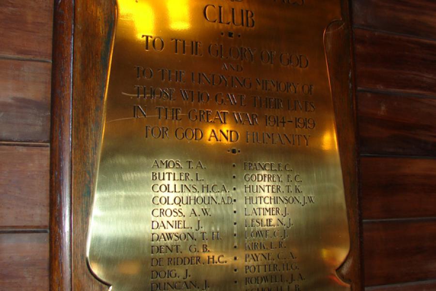 Brass memorial tablet inside the church listing members of the Petone Naval Club who died during the First World War.