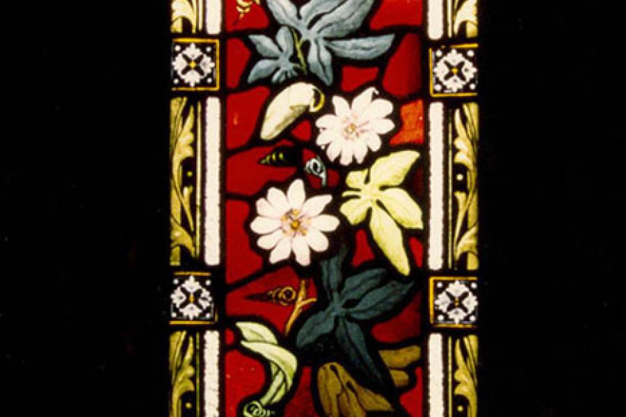View of brightly coloured stained glass window