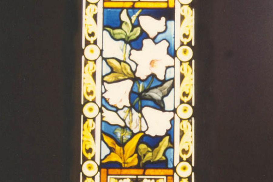 View of brightly coloured stained glass window