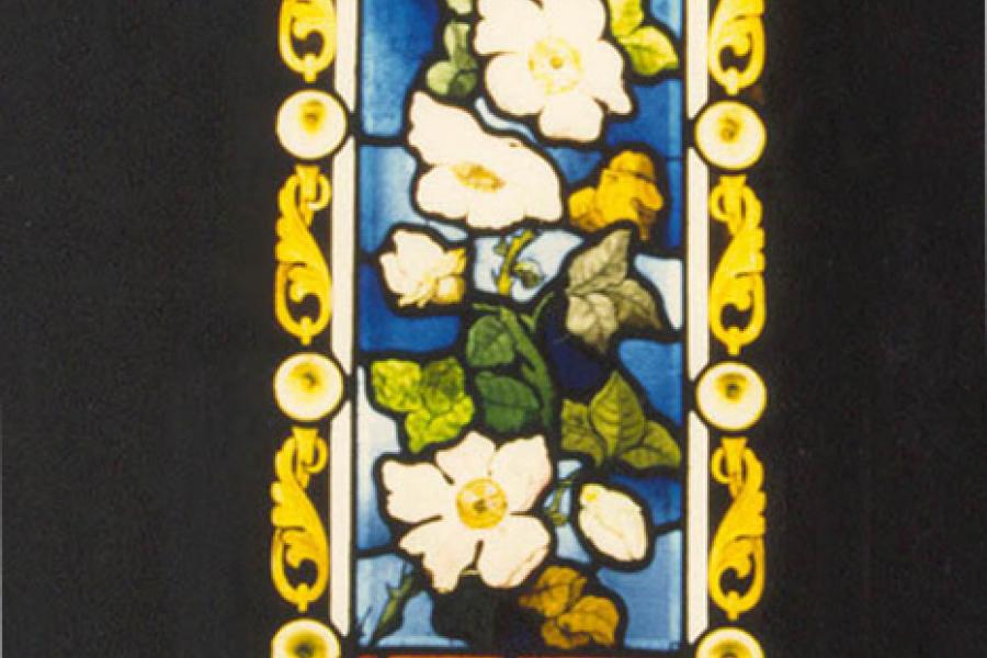 View of brightly coloured stained glass window