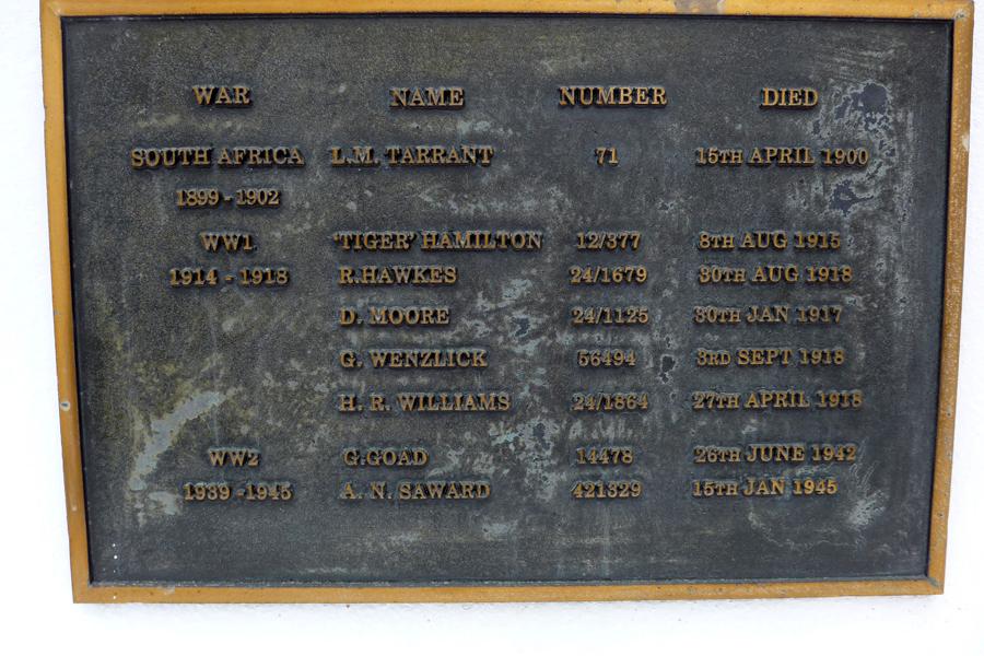 Close up view of brass plaque with names, military service numbers, and date of deaths listed on it.