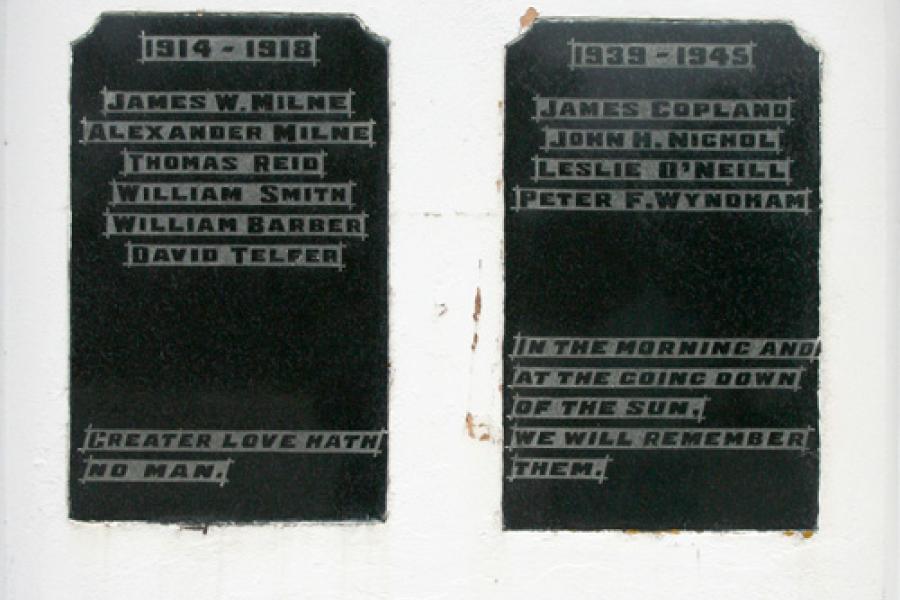 Detail of black memorial plaques listing the names of First World War and Second World War soldiers from the Waimumu area.