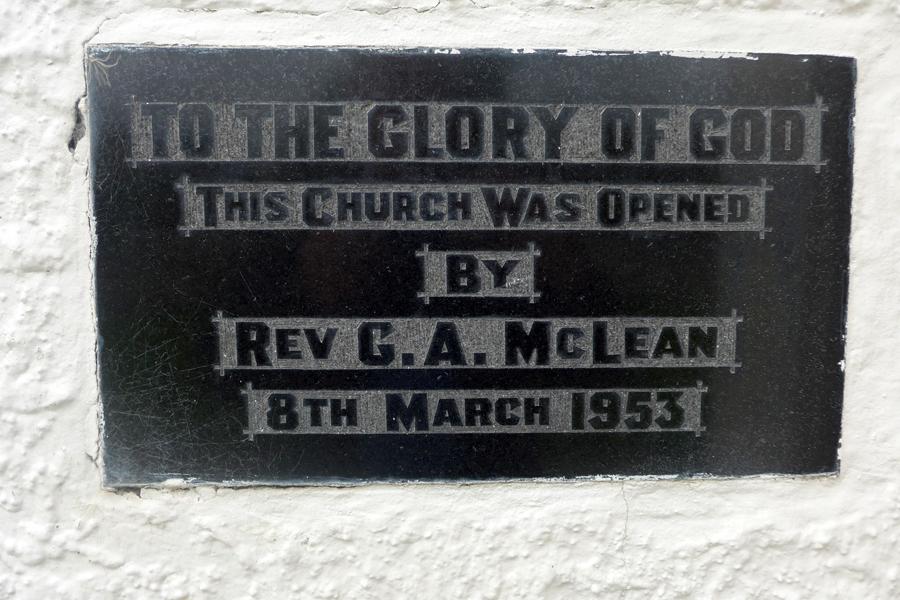 Detail of black foundation plaque with the inscription: 'To the glory of God | This church was opened | by | Rev G. A. Mclean | 8th March 1953.'