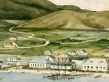 Painting of wharf, buildings, and rolling green hills