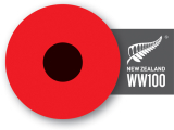 Small black circle within larger red circle with fern symbol and words New Zealand WW100 attached in grey square