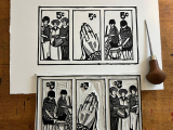 A print and lino cut of three stamps with a lino cut tool to the right of both.