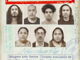 poster for the Overstayers play. Text describing the play and 7 'mugshot' style portraits of the actors. 