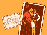 Image of 5c stamp with man and woman holding baby, a postcard is to one side
