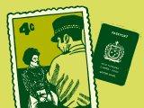 Stamp with image of policeman and Pacific person next to a passport