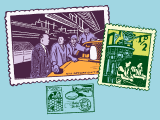 Three stamps showing Pacific people working and traditional objects