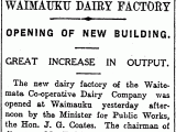 Newspaper headline, Waimauku Dairy Factory: Opening of New Building