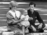 Lady ID and Prince Charles with baby William and buzzy bee on picnic blanket