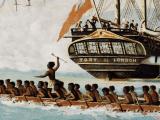 Painting of ships and waka in Wellington Harbour, 1840
