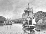 The John Wickliffe lies at anchor as the Philip Laing arrives at Port Chalmers, 1848