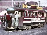 The second-to-last tram at the railway station stop on its way to Newtown