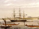 Watercolour of three-masted ship with Māori waka in the foreground.