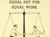 Man and women on scales under heading 'Equal Pay for Equal Work'