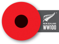 Small black circle within larger red circle with fern symbol and words New Zealand WW100 attached in grey square