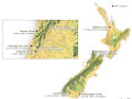 Outline of New Zealand map with different locations marked and inset box with 