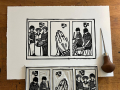 A print and lino cut of three stamps with a lino cut tool to the right of both.