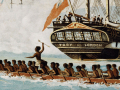 Painting of ships and waka in Wellington Harbour, 1840