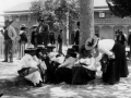 Māori men and women congregate at Rotorua on election day, c 1908.