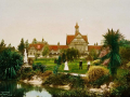 Ornate building with people walking around beautiful grounds with native trees and ponds.
