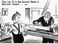 Cartoon showing worker with square 'T V' eyes. A calendar on the wall shows 2 June. 