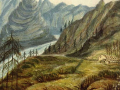 Painting of mission station set on the banks of a river