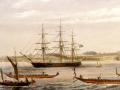 Watercolour of three-masted ship with Māori waka in the foreground.