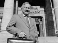 Roger Douglas on the steps of Parliament, 1984