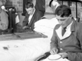 Returned servicemen embroidering in hospital