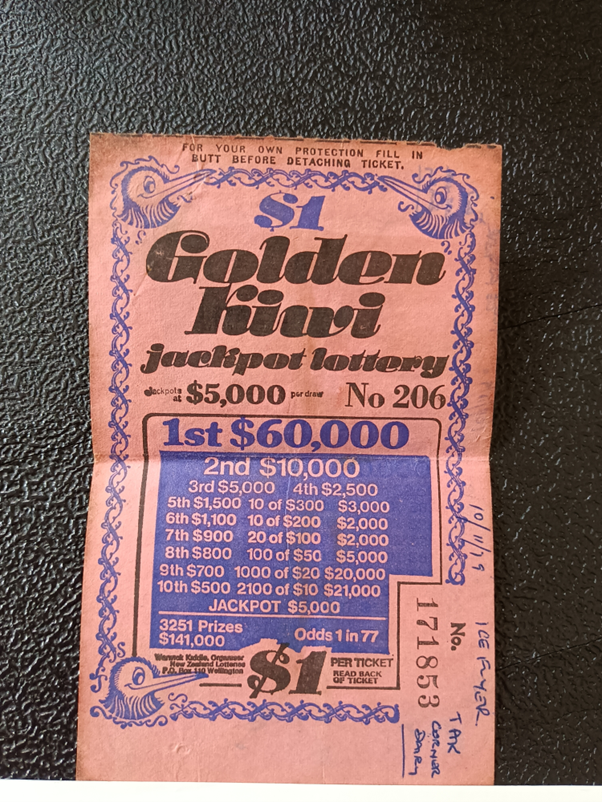 Detail of a Golden Kiwi ticket with the words 'Ice Flyer' hand written on one corner