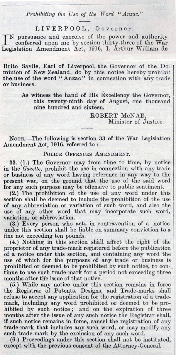 Gazette notice about prohibition of use of term 'Anzac' for trade